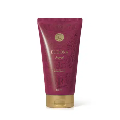 Tubo de loção hidratante desodorante da marca Eudora, na cor roxa com detalhes dourados, contendo 150 ml do produto. O rótulo apresenta o nome "Eudora Royal" em destaque.