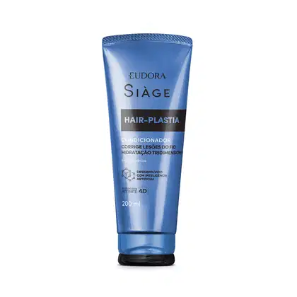Frasco de condicionador Siàge Hair-Plastia, com embalagem tipo bisnaga nas cores azul e cinza, com tampa na parte inferior.O rótulo destaca a tecnologia Affinity 4D e a promessa de corrigir danos do fio e hidratar os cabelos. 200 ml.