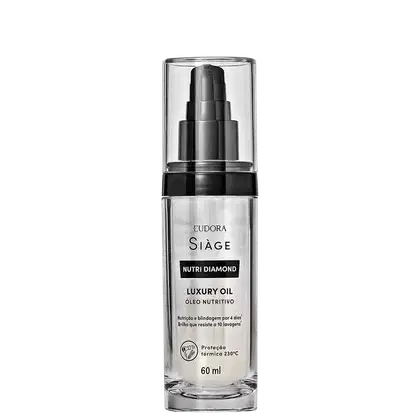 Frasco de vidro transparente contendo óleo nutritivo da linha Siàge Nutri Diamond, com rótulo preto e branco destacando o nome do produto e suas propriedades, como proteção térmica e brilho duradouro.