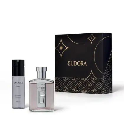 Conjunto de produtos de beleza da marca Eudora, incluindo um frasco do Desodorante Colônia Club 6 e do Body Spray da mesma linha. Junto, uma caixa preta com detalhes dourados indicando que é um kit presente de dia dos namorados.