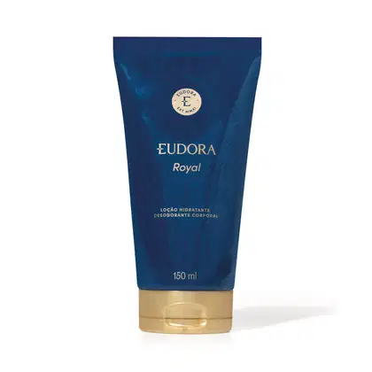 Tubo de loção hidratante desodorante corporal da marca Eudora, na cor azul escuro com detalhes dourados. O rótulo exibe o nome "Eudora Royal" e indica que o produto possui 150 ml.
