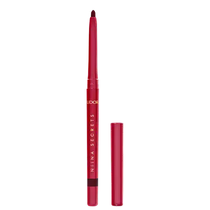 Lápis labial vermelho da marca Eudora, com embalagem cilíndrica e ponteira afilada, exibindo o nome da marca em letras douradas.