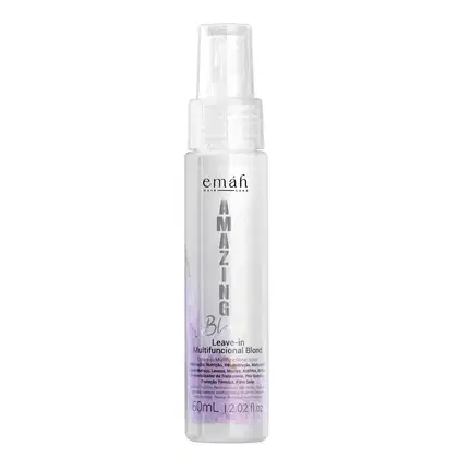 Frasco branco com rótulo da marca Emáh Hair Care, contendo o produto "Amazing Blond" - um leave-in multifuncional para cabelos loiros, com 60 ml de volume.