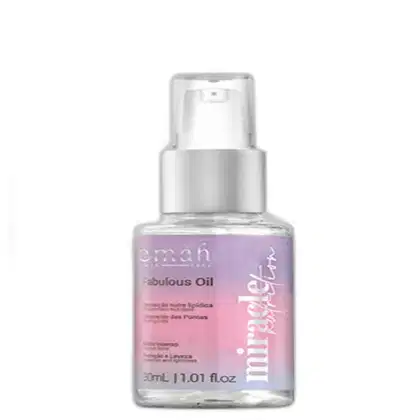 Frasco de óleo Fabulous Oil da marca Emáh Hair Care, com embalagem de plástico transparente e rótulo em tons de roxo e branco. O produto é apresentado em um recipiente com bomba de aplicação.