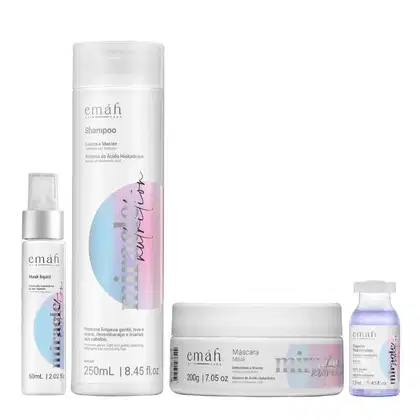 Emáh Hair Care: Shampoo, Máscara, Mask Liquid e Mini Repair em embalagens brancas e coloridas, com rótulos indicando os produtos e seus benefícios.