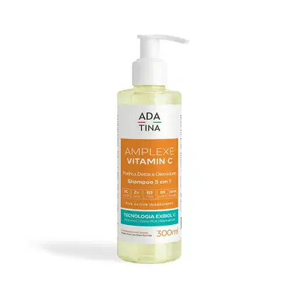 Frasco de shampoo da marca Adatina, com 300ml de volume, na cor amarelo claro. O rótulo apresenta o nome "Amplexe Vitamin C" e destaca os ingredientes ativos, como vitamina C, zinco e niacinamida.