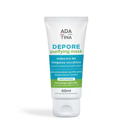 Tubo branco com rótulo azul e verde da máscara purificante Depore da marca Ada Tina. O produto é indicado para peles oleosas, com tecnologia glicOX.
