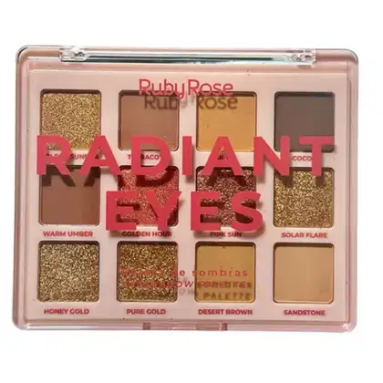 Paleta de Sombras Radiant Eyes Ruby Rose com 12 tons incluindo bege e marrom, com acabamento matte, cintilante e metálico