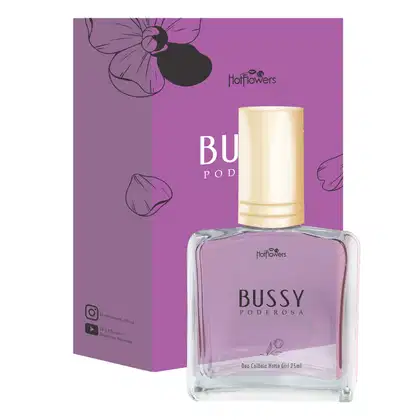 A imagem mostra o Perfume Íntimo Bussy Poderosa da marca HotFlowers e sua caixa ao fundo.