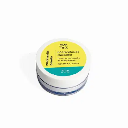 Pó translúcido da marca Ada Tina, em embalagem plástica branca com rótulo amarelo e azul, contendo 20g do produto.