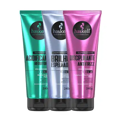 Imagem do produto Kit Supermáscaras Haskell Acidificante Redutor de pH, Brilho Espelhado e Disciplinante Antifrizz 240g