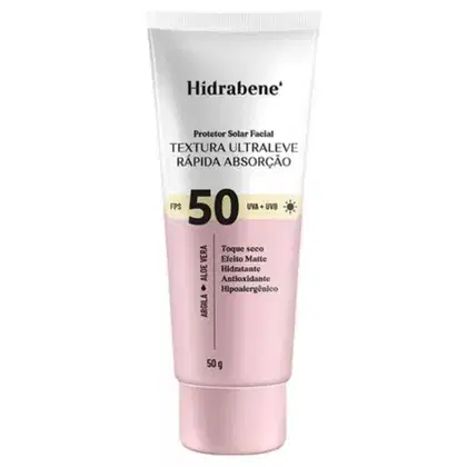 Protetor solar facial Hidrabene, com FPS 50 e textura ultraleve de rápida absorção. O tubo possui uma tampa rosqueável e a cor predominante é o branco, com detalhes em rosa claro. Contém 50g.