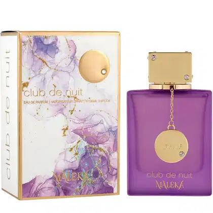 Frasco de perfume Club de Nuit da marca Armaf, com embalagem roxa e detalhes dourados, contendo informações sobre o produto na caixa.