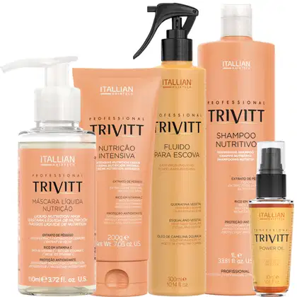Produtos de cuidados capilares da marca Itallian Hairtech da linha Trivitt. Inclui shampoo 1l, creme de nutrição de 200g, máscara líquida de de 110ml, fluido para escova de 300ml e óleo capilar de 30ml.