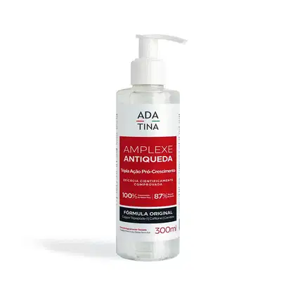 Frasco de 300ml de um produto de beleza da marca Adatina, chamado Amplexe Antiqueda. O frasco possui um rótulo vermelho e branco com informações sobre os benefícios do produto.
