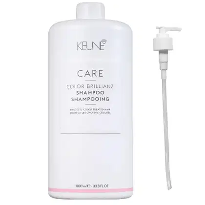 Frasco branco de 1000 ml da linha Care da Keune, contendo Shampoo Color Brillianz para proteção de cabelos coloridos. Rótulo com nome da marca e produto em destaque.