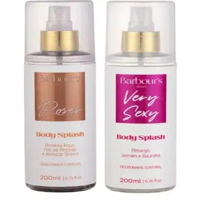 Dois frascos de produtos de beleza da marca Barbour's Beauty. Um é um Body Splash com rótulo rosa e texto "Very Sexy", o outro é um Body Splash com rótulo marrom e texto "Roses". Ambos os frascos têm tampas douradas e contêm 200ml do produto.
