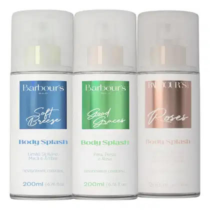 Três frascos de 200ml de desodorantes corporais da marca Barbour's Beauty, com rótulos nas cores azul, verde e rosa, exibindo os nomes "Soft Breeze", "Good Graces" e "Roses".