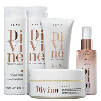 A imagem mostra uma linha de produtos para cabelos lisos da marca Braé. Os produtos têm uma paleta de cores branca e marrom, com o logotipo "Divine" em letras grandes marrons.
