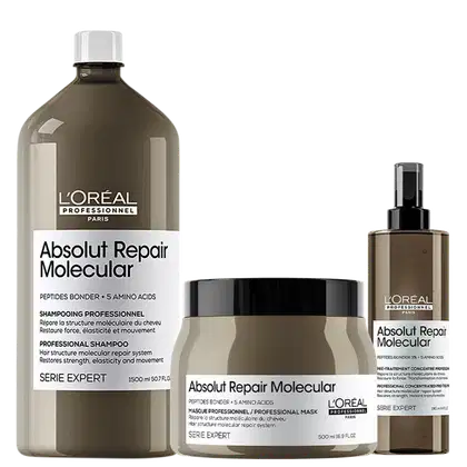 Três produtos da linha Absolut Repair Molecular da L'Oréal Professionnel.Um shampoo em uma embalagem de 1500ml. O segundo é uma máscara de tratamento de 500ml, com rótulo branco e detalhes em preto. O terceiro é um pré-tratamento concentrado.