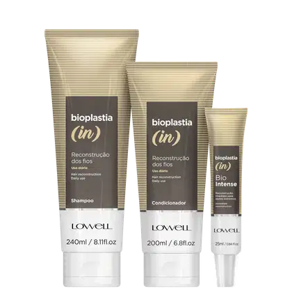 Kit com shampoo, condicionador e máscara Bioplastia (in), da marca Lowell.