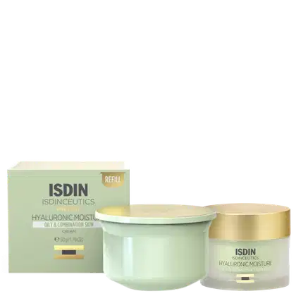 Produto de cuidado para a pele da marca ISDIN. Creme hidratante Hyaluronic Moisture para pele oleosa e mista. Embalagem em pote plástico verde claro com tampa dourada. Caixa de reposição retangular com detalhes em verde claro e dourado.