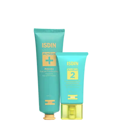 São dois produtos de cuidados para pele oleosa da marca ISDIN. Um é uma máscara facial purificante em um tubo de plástico verde claro com detalhes em dourado. O outro é um controle de brilho e imperfeições em um tubo menor da mesma cor.