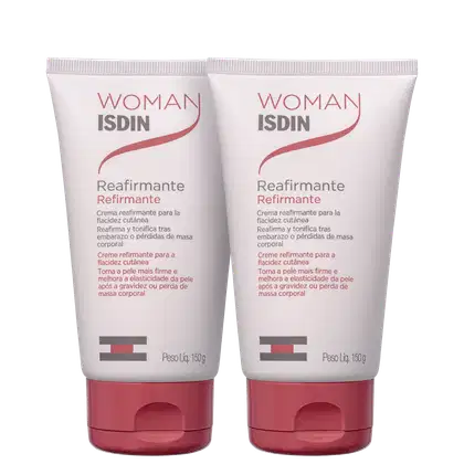São dois tubos de creme reafirmante para a flacidez cutânea da marca Woman ISDIN. Os tubos têm uma cor branca na parte superior e rosa na parte inferior. Apresentam o nome do produto "Reafirmante.