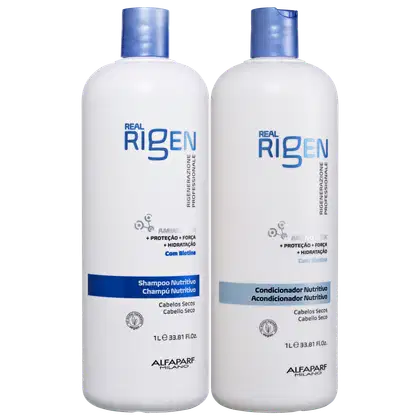 Kit com shampoo e condicionador Real Rigen, da marca Alfaparf Milano.