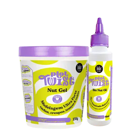 Dois produtos da marca Lola From Rio: um pote de gel modelador  e um frasco de óleo capilar Plot Twist