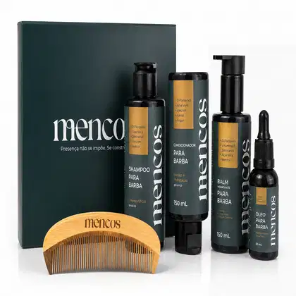 Imagem do produto Kit Barba Mencos - Shampoo Condicionador Balm Óleo e Pente de Madeira Curvo