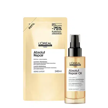 Conjunto de shampoo Absolut Repair da L'Oréal Professionnel, em embalagem de 240ml, e um óleo capilar Absolut Repair Oil, em frasco com bomba dosadora. A embalagem apresenta cores predominantes bege e preto, com rótulos e informações sobre os benefícios.