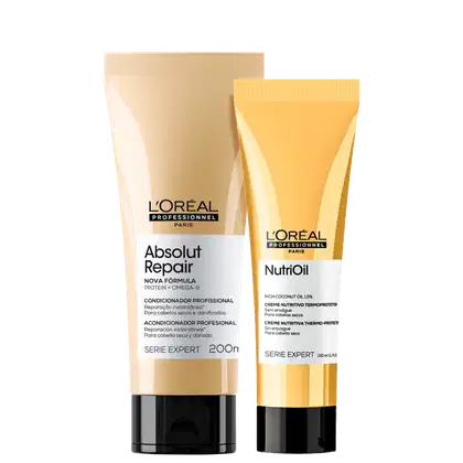 Dois produtos de tratamento capilar da L'Oréal Professionnel: um condicionador Absolut Repair com fórmula de proteína e ômega-9, e um creme nutritivo Nutrioil em embalagens de plástico com rótulos em tons de bege e amarelo.