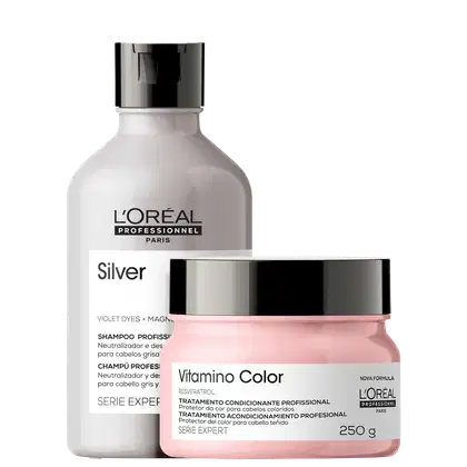 Dois produtos da linha L'Oréal Professionnel: um frasco branco de Shampoo Silver e um pote rosa de Tratamento Condicionante Vitamino Color, ambos com rótulos e informações sobre seus usos e benefícios.