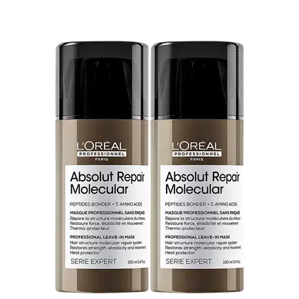 Dois frascos do leave-in da linha Absolut Repair Molecular da L'Oréal Professionnel, com embalagem preta e bege, apresentando o nome do produto e informações sobre o sistema de reparação molecular.