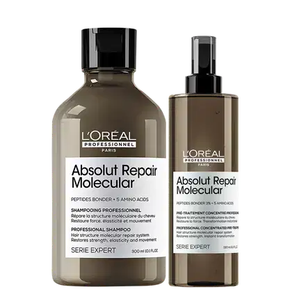Dois frascos de produtos L'Oréal Professionnel da linha Absolut Repair Molecular, um shampoo e um pré-tratamento concentrado, com embalagens pretas e cinzas.
