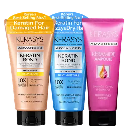Kit Kerasys Deep Repair + Damage Clinic + Silky Moisture, 3 produtos.