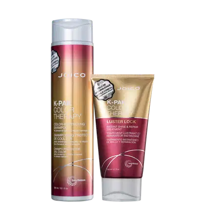Dois produtos da linha K-Pak Color Therapy da Joico: um frasco de shampoo protetor de cor e um tubo de tratamento instantâneo de brilho e reparação, ambos com embalagens em tons de rosa e branco.