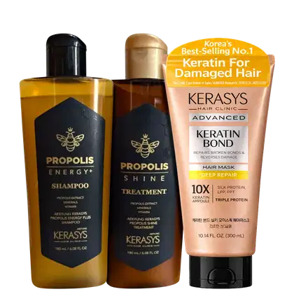 Kit Kerasys Própolis + Keratin Bond Deep Repair, 3 produtos.