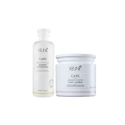 Produtos de cuidados capilares da marca Keune: shampoo Derma Activate e máscara Keratin Smooth, ambos em embalagens brancas com detalhes em rosa e textos da marca.