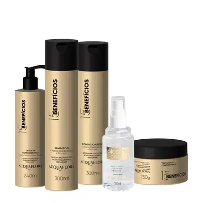 Imagem do produto Kit Acquaflora 15 Beneficios Shampoo Condicionador Máscara Leave-in e Óleo de Coco (5 produtos)
