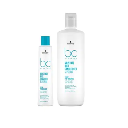 Dois produtos da linha Bonacure da Schwarzkopf Professional: shampoo e condicionador com embalagens brancas e detalhes em azul turquesa. Os rótulos indicam que são produtos da linha "Moisture Kick" com glicerol, para limpeza e hidratação.