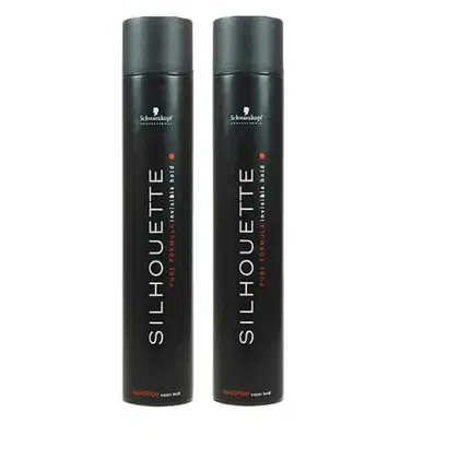 Dois frascos pretos da linha Silhouette da Schwarzkopf Professional, com rótulos em branco destacando o nome do produto. Os frascos possuem formato cilíndrico e tampa preta, com 500ml cada