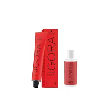 Caixa e frasco vermelho da linha Igora Royal da Schwarzkopf Professional, um produto de coloração profissional. A caixa exibe o nome da linha em letras pretas, enquanto o frasco possui um rótulo com o mesmo design.