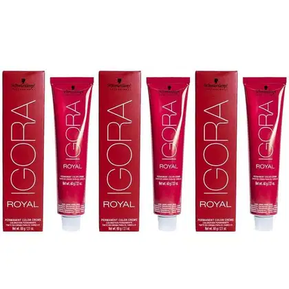 3 tubos de item de perfumaria da marca Igora Royal, com embalagem vermelha e texto branco, apresentando diferentes tonalidades de vermelho.