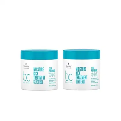 Dois potes brancos com tampas azuis da linha Moisture Kick Treatment Glycerol da marca Schwarzkopf Professional. Os rótulos indicam que se trata de um tratamento de umidade para cabelos.