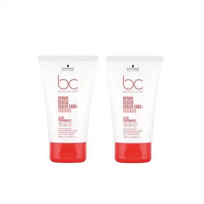 Dois tubos de creme da linha Bonacure da Schwarzkopf Professional, com rótulos vermelhos e brancos, apresentando o nome "Repair Rescue Sealed Ends + Arginine" e informações sobre o produto para cabelos danificados.