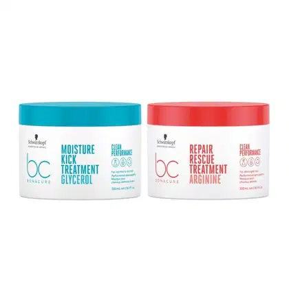 Dois potes de tratamento para cabelos da marca Schwarzkopf Professional: um com tampa azul-turquesa contendo tratamento de hidratação e outro com tampa vermelha contendo tratamento de reconstrução.