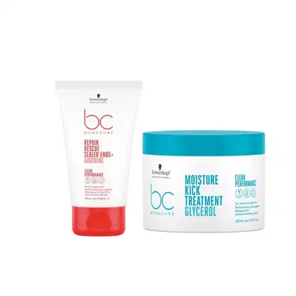 Dois produtos da linha Bonacure da Schwarzkopf Professional: um tubo de Repair Rescue Sealed Ends + Arginine e um pote de Moisture Kick Treatment Glycerol, com embalagens brancas, azuis e vermelhas.