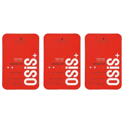 Três embalagens vermelhas de Schwarzkopf Professional, com rótulos exibindo o nome "Texture Mess Up"